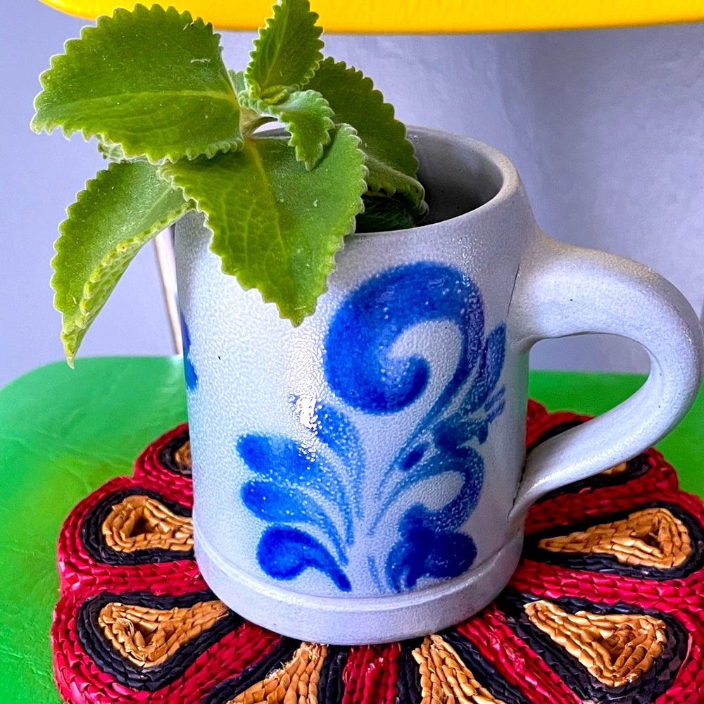 Handmade pottery mug blue and gray motif